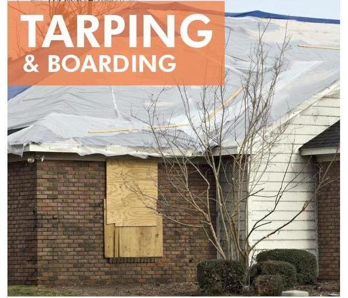 A graphic with a house with fire damage talking about tarping and boarding.